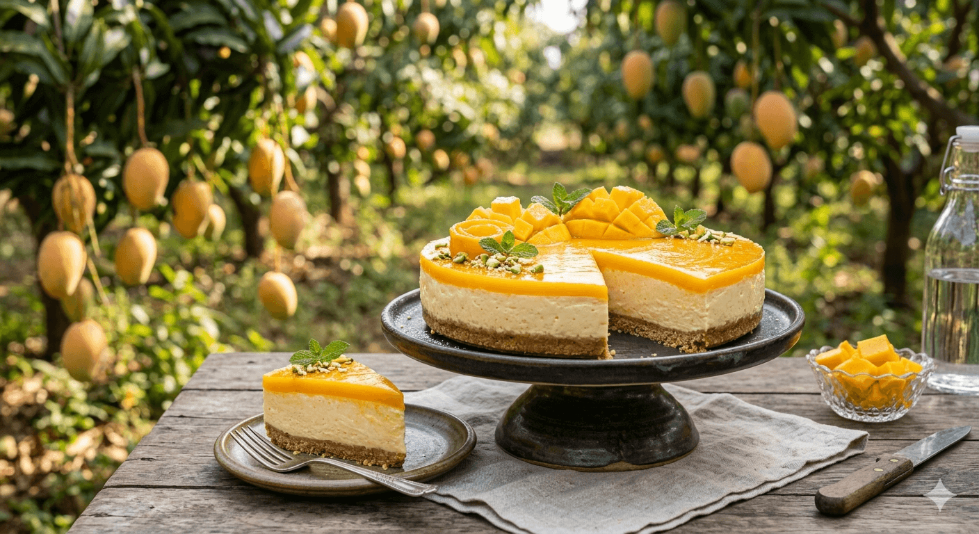 A tiered no-bake cheesecake topped with a bright orange Alphonso mango glaze and fresh mint.
