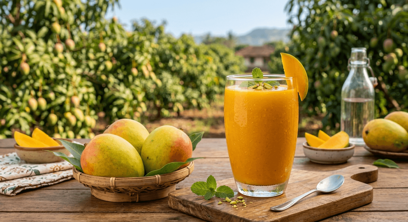 Freshly squeezed Ratnagiri Pairi mango juice (Aamras) in a glass, next to a basket of ripe Devgad Pairi mangoes, hand-picked from Sun Mango orchards in Maharashtra.