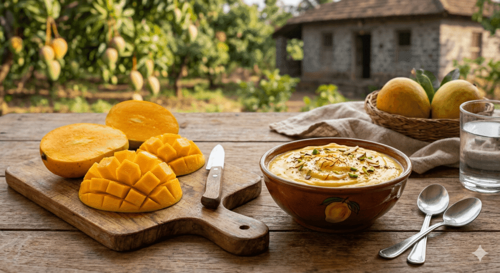 Authentic Amrakhand made with the finest Ratnagiri Alphonso pulp, paired with hand-sliced Devgad Alphonsos from Sun Mango.