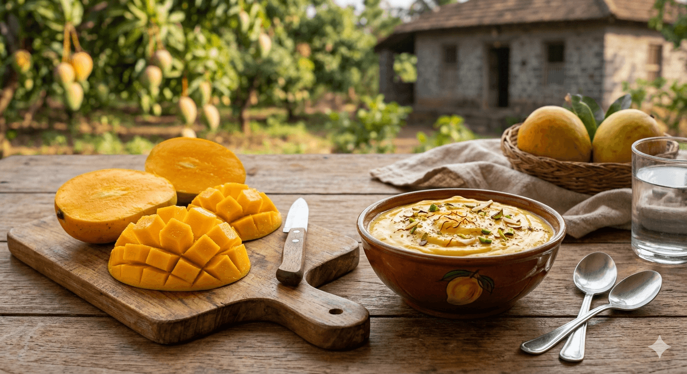 Authentic Amrakhand made with the finest Ratnagiri Alphonso pulp, paired with hand-sliced Devgad Alphonsos from Sun Mango.